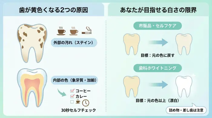 まず知りたい「歯が黄色くなる2つの原因」と「あなたが目指せる白さの限界」
