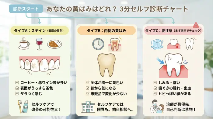 まずは原因チェック：あなたの黄ばみはどれ？（3分セルフ診断）