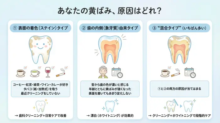 【セルフチェック】あなたの黄ばみ、原因はどれ？（ここで最短ルートが決まります）