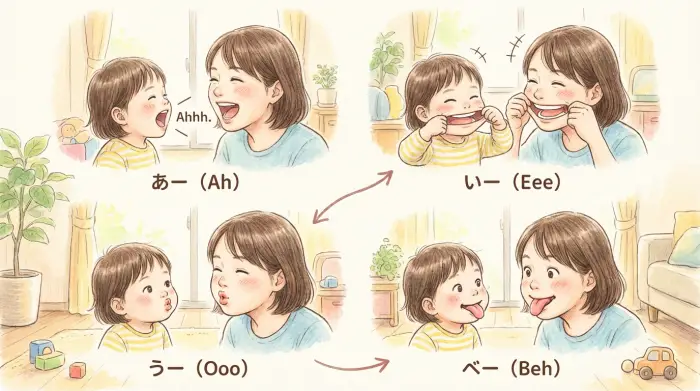 母親と子どもが楽しそうに「あいうべ体操」の4つのステップ（あー、いー、うー、べー）を実践しているイラスト。