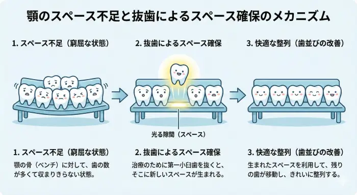 顎のスペース不足と抜歯によるスペース確保のメカニズム