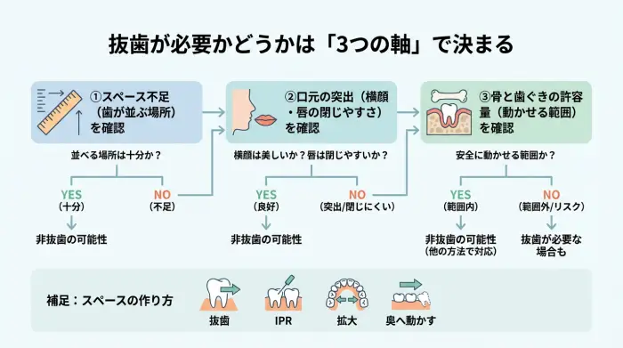 抜歯矯正が必要かどうかをスペース・口元・歯槽骨の3軸で判断するフロー図