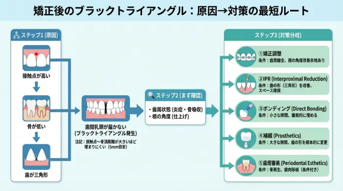 矯正後のブラックトライアングルが起きる原因（接触点・骨の高さ・歯の形）と対策の分岐を示したフローチャート