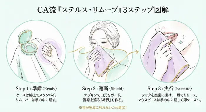 アライナーリムーバーとナプキンを使用した、マウスピースを他人に気付かれずに外す3つの手順（準備、口元の遮断、リムーバーによる取り外し）の図解。指を使わず衛生的かつスマートな所作を示す。