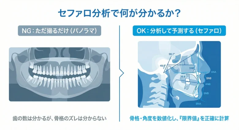 セファロ分析（頭部X線規格写真）とパノラマレントゲンの比較図解。セファロ分析を行うことで、顎の骨格や歯の角度を数値的に把握し、感覚ではなく論理的根拠に基づいて失敗（口ゴボなど）の原因を回避できることを示している。