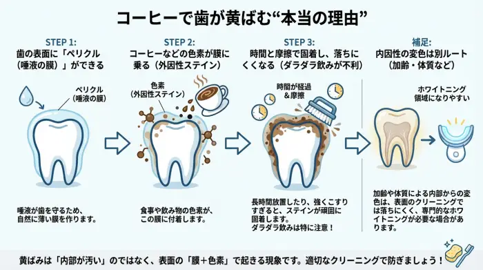 コーヒーの色素が歯の表面の膜に付着してステインになる流れ図