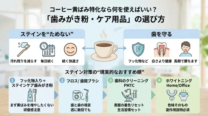 コーヒー黄ばみ特化なら何を使えばいい?「歯みがき粉・ケア用品」の選び方