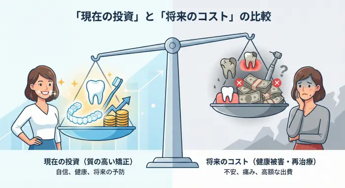 歯列矯正という「現在の投資」と、不正咬合を放置した場合の「未来のコスト」を天秤で比較。投資側が重く、その合理性を示している。これは、短期的な費用と長期的な健康・経済リスクのトレードオフ関係を表現しています。