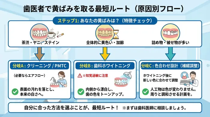 歯の黄ばみを歯医者で取る方法を原因別に分けた判断フロー図