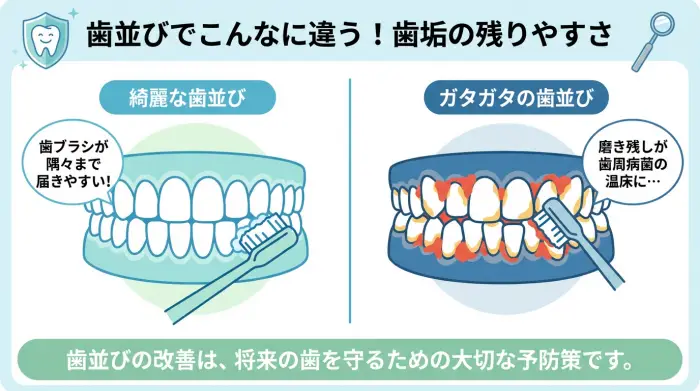歯並びと歯垢の残りやすさを比較する図解。ガタガタの歯並びは歯垢が溜まりやすく、歯周病のリスクを高めることを示している。
