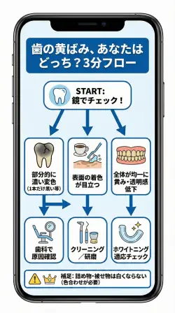 歯の黄ばみ原因をステイン・加齢変化・要受診に分けるセルフチェックフロー
