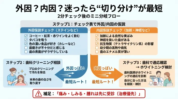 歯の黄ばみを外因・内因で分けて次の行動を決める分岐フロー