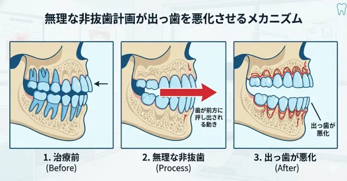 インビザラインで出っ歯が悪化する原因と結果の論理関係を示す図解。この図は、「歯性 vs. 骨格性」の診断ミスに起因する無理な「非抜歯」の「治療計画」が、歯列を前方に押し出し口元を突出させてしまうという、エンティティ間の依存関係と重要な分岐を3ステップで視覚的に表現しています。