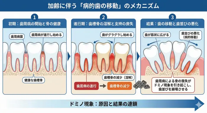 病的歯の移動（Pathological Tooth Migration）の図解。歯周病による歯槽骨の減少が原因となり、歯が移動することで歯並びが悪化するドミノ現象を解説しています。
