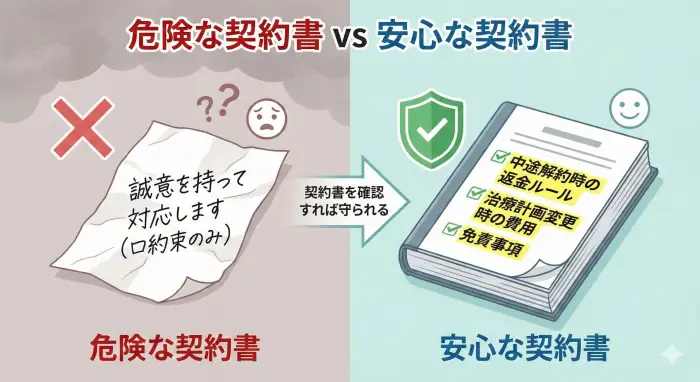 矯正歯科治療における危険な契約書と安心な契約書の比較イラスト。安心な契約書には、中途解約時の返金規定や治療計画変更時の費用負担など、トラブルを回避するための具体的な条項が明記されていることを示し、契約書が患者を守る重要なエンティティであることを表現している。