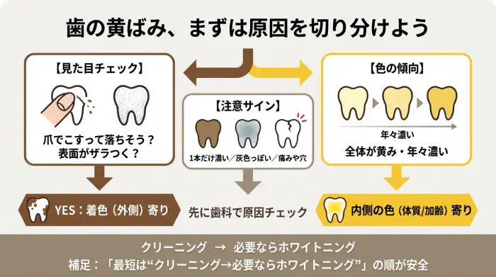 歯の黄ばみを外側の着色と内側の色に分けて対策を案内するフロー図