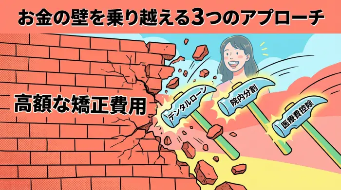 高額な矯正費用という壁を、デンタルローン、院内分割、医療費控除という3つの方法で乗り越えるイメージのインフォグラフィック。