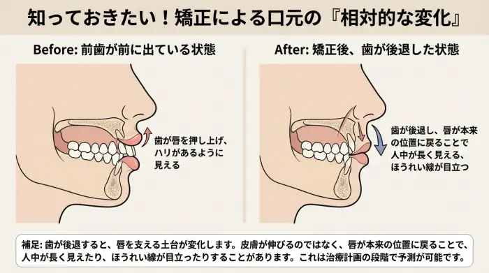 歯列矯正による口元の相対的な変化を示す図