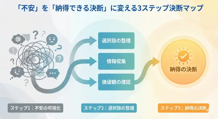 歯列矯正のデメリット（エンティティ：後戻り、歯根吸収など）に対する「不安」（問題）を、「決断マップ」（プロセス）という思考法を用いて、「納得できる決断」（解決）へと導く原因と結果の論理関係を視覚的に表現した図解。
