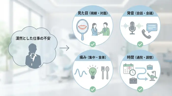 矯正の「仕事の支障」は4つに分解できる（見た目/発音/痛み/時間）