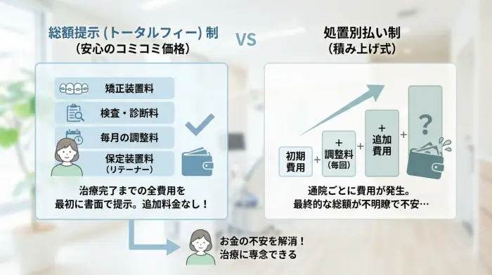 ステップ1：矯正の追加料金の心配無用。「総額提示（トータルフィー）制」を見極める