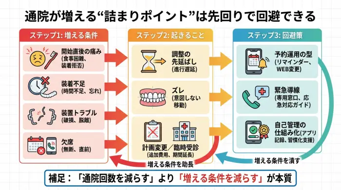 なぜ矯正では通院が必要？頻度が増える「詰まりポイント」