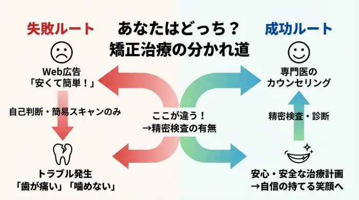 矯正治療における成功プロセスと失敗プロセスの違いを対比するインフォグラフィック。