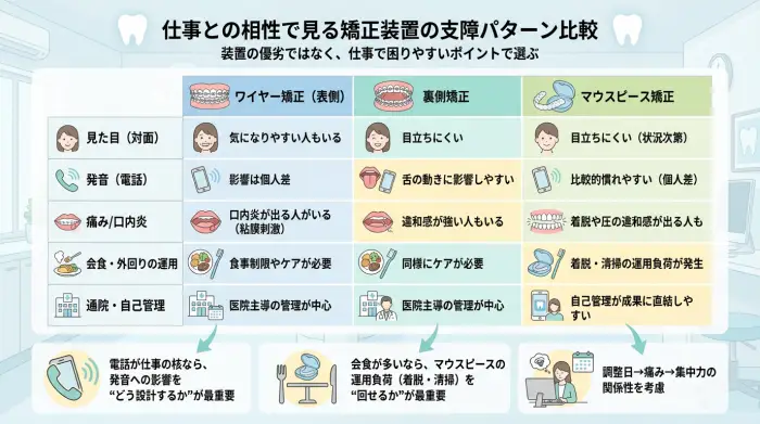 ワイヤー/裏側/マウスピース矯正｜装置別の支障パターン比較