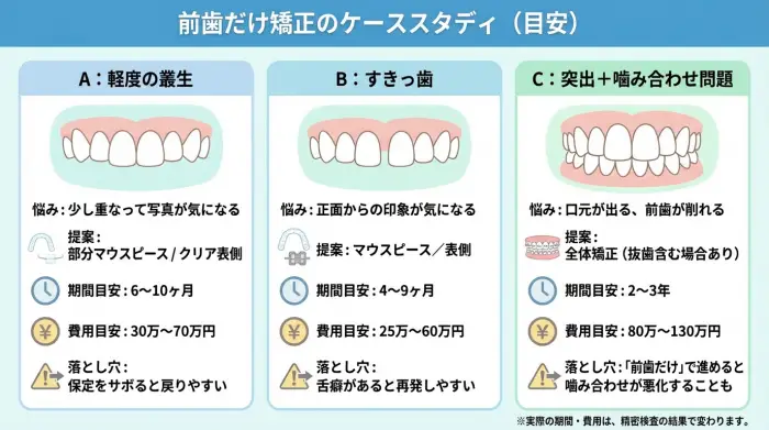 ケーススタディ｜「前歯だけ」の相談でよくある3パターン（目安）