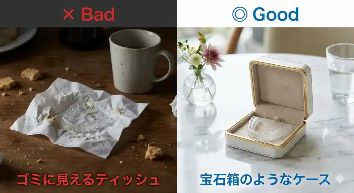マウスピースの保管方法の比較画像。左側はティッシュに包まれてゴミのように見える悪い例、右側は専用ケースに収納され清潔で上品に見える良い例。
