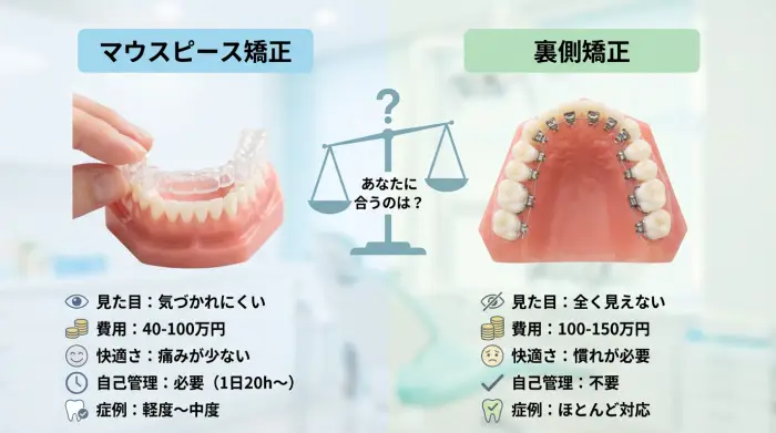 マウスピース vs 裏側矯正｜あなたに合うのはどっち？5つのポイントで徹底比較