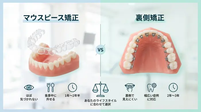 「マウスピース矯正」vs「裏側矯正」どっちがいい？費用・期間・特徴を徹底比較