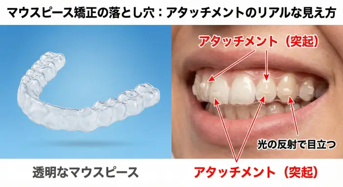 マウスピース矯正の落とし穴：透明なマウスピースでも、歯の表面につけたアタッチメント（突起）が光を反射し、対面距離では凹凸が目立ってしまう様子。