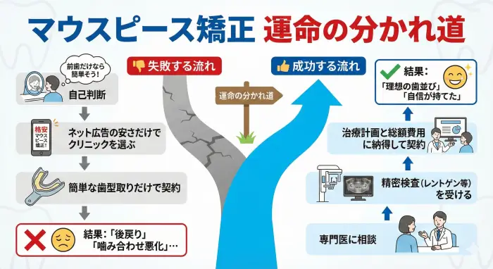 マウスピース矯正の成功と失敗の流れを比較した図。成功の鍵は、原因となる「精密検査」を経て、結果として「適切な治療計画」を立てることにある、という因果関係を視覚的に示している。