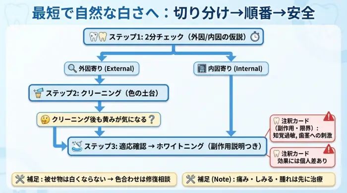 歯の黄ばみを外因・内因で切り分け、クリーニング→ホワイトニング→修復へ進む意思決定フロー