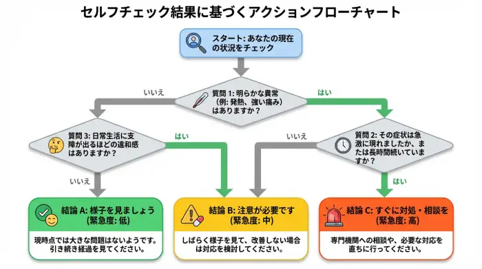 セルフチェックの結果から「経過観察」「要相談」「専門医推奨」の3つのアクションプランに導くフローチャート。