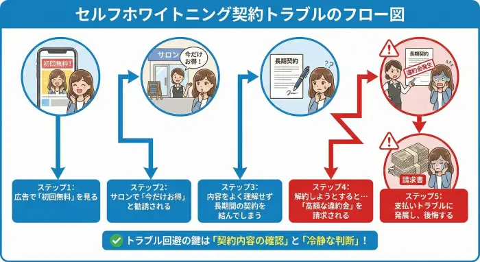 セルフホワイトニングで起こりがちな契約トラブルの6ステップを図解したフローチャート。この図は、セルフホワイトニングというサービスが、法律上のクーリング・オフ制度の対象外となりやすいという原因によって、いかにして契約トラブルという結果につながるか、その因果関係を視覚的に表現しています。