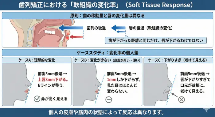 歯を下げれば唇も下がるが、その「変化率」は人によって異なる