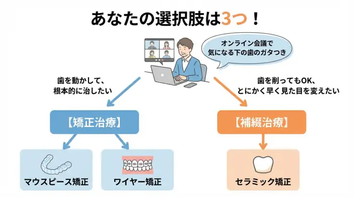 歯並びの治し方を3つに整理した図。マウスピース矯正・ワイヤー矯正（歯を動かす）と、セラミック矯正（歯を削って被せる）の違いを分かりやすく示している。