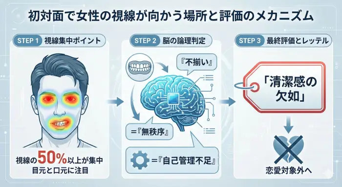 初対面の女性が男性の歯並びから受ける印象のメカニズム図解