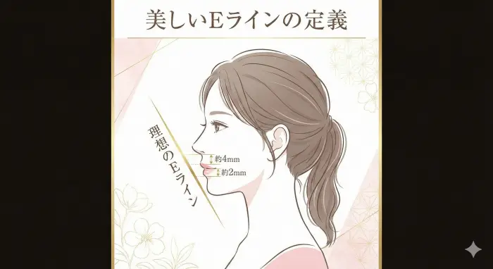 理想的なEライン（エステティックライン）の定義図。鼻先と顎先を結んだ線に対し、上唇が約4mm、下唇が約2mm内側にあるバランスの取れた横顔。