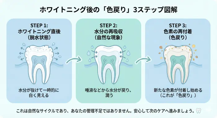 ホワイトニング後の色戻りのメカニズムを示すインフォグラフィック。この図は、歯の表面にペリクルが再生され、そこにステインが付着することが色戻りを引き起こすという原因と結果の論理関係を視覚的に解説しています。