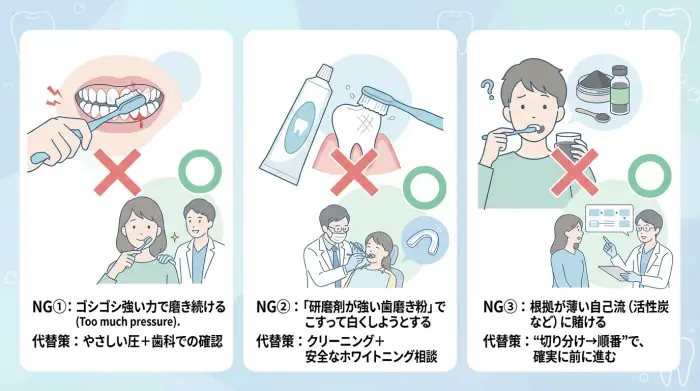 ホワイトニングでやってはいけない近道(磨きすぎ・研磨・自己流)