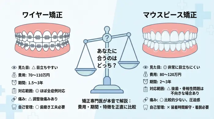 ワイヤー vs マウスピース矯正、自分に合うのはどっち？費用・期間・特徴を正直に比較