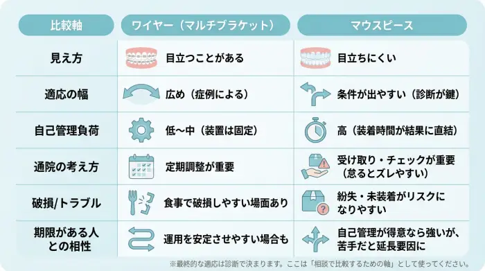 ワイヤー矯正 vs マウスピース矯正｜期限×生活で選ぶ比較表
