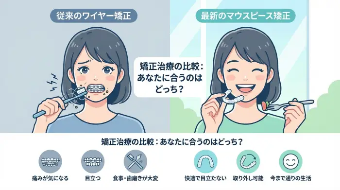 ワイヤー矯正とマウスピース矯正の比較図。この記事の主要エンティティである「マウスピース矯正」が、従来の治療法といかに異なり、「恋愛」との両立を可能にするかという関係性を示している。