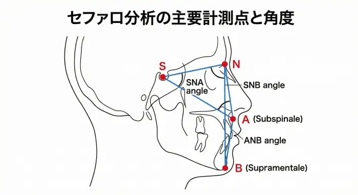 セファロ分析（頭部X線規格写真）の模式図。S点、N点、A点、B点を結ぶ角度（SNA角、ANB角など）を示しており、医師が「骨格性の口ゴボ」か「歯性の口ゴボ」かを診断するための判断基準を表している。