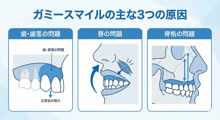 ガミースマイルの3つの原因（歯・歯茎、唇、骨格）を示したイラスト。