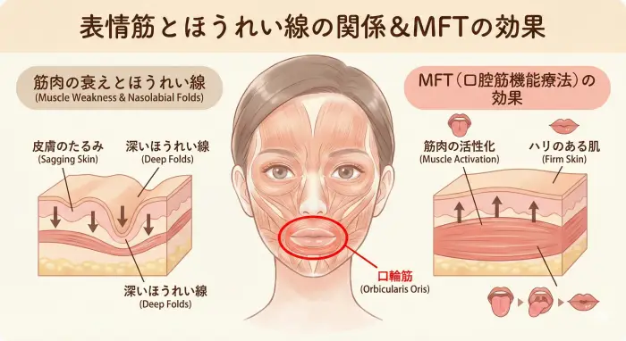 顔の表情筋の解剖図解。口輪筋を示し、矯正による過度な後退が起きた際、この筋肉が衰えているとほうれい線の原因となる因果関係を示している。