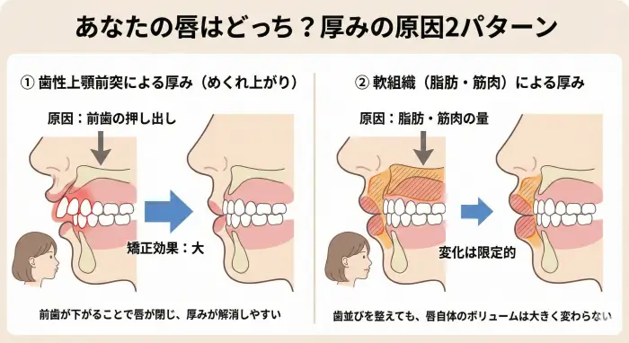 唇が厚く見える2つの原因の比較図解。左側は「歯性上顎前突」により前歯が唇を押し出し、めくれ上がっている状態（矯正効果が高い）。右側は「軟組織」自体の脂肪や筋肉が分厚い状態（矯正による変化が限定的）。